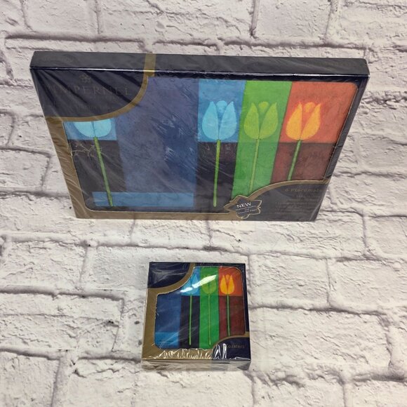 Vtg Pimpernel Premier Collection 6 Placemats & Coasters Set Blue Tulips Design - Picture 2 of 14